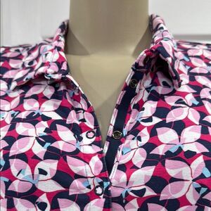 Pink and White 3/4 Sleeve Button Down Shirt with Notched Collar
